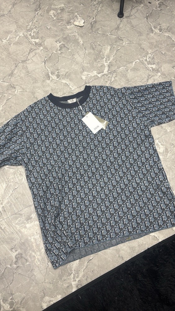 Dior Men's Logo Print Knit Cotton Crew Neck Short Sleeve T-Shirt Blue Black