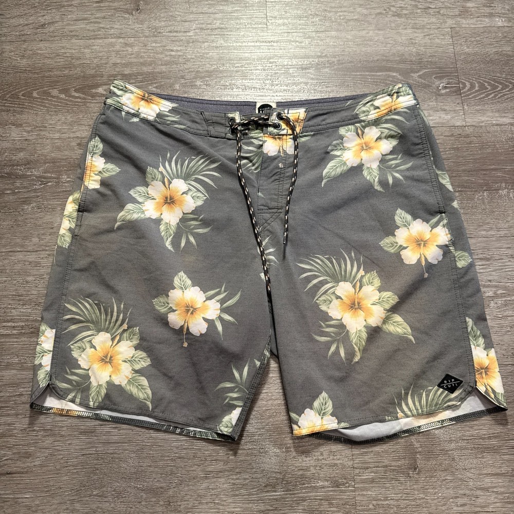 Rip Curl Board Shorts Mens 36 Gray Floral Drawstring Swim Trunks 8
