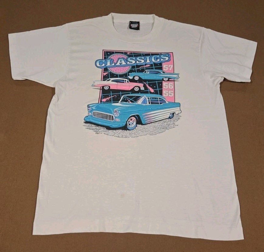 Vintage 1991 Classics 55 56 57 Hot Rod Car Graphic T Shirt Sz M Neon 90s USA