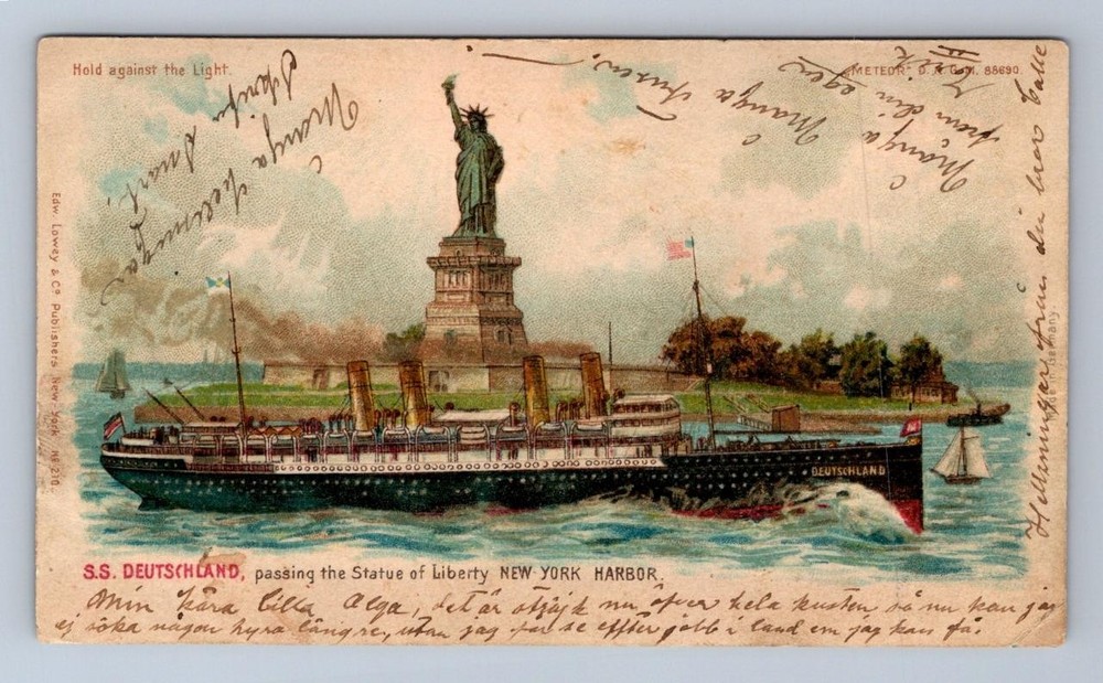 S.s. Deutschland Ship Statue Of Liberty Ny Hold To Light Htl Postcard 1904