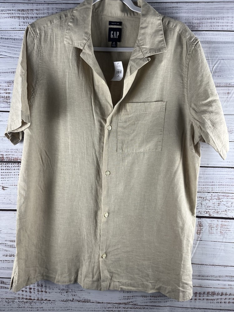 Gap Shirt Men’s M Short Sleeve Standard Fit Tan Button Up NWT Made With Linen