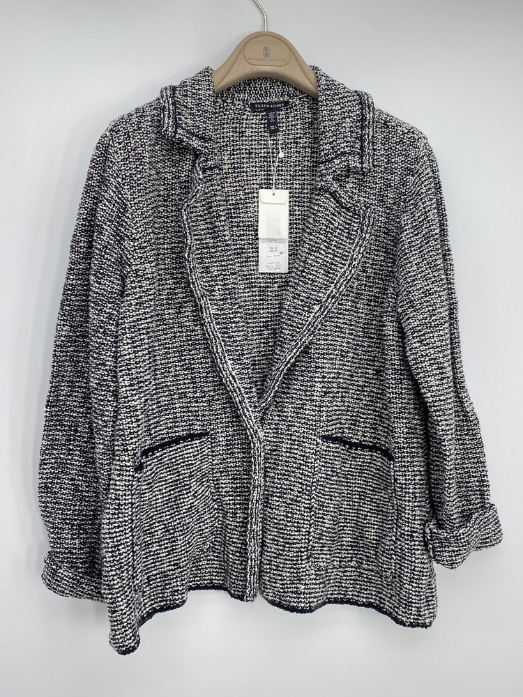 Eileen Fisher Womens Notch Collar Jacket Black/Soft White Size S Peruvian Cotton