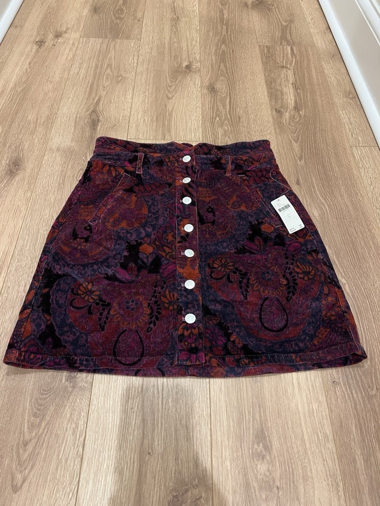 Pilcro Anthropologie Pink Floral Corduroy Button Front Mini Skirt Women 6 NEW