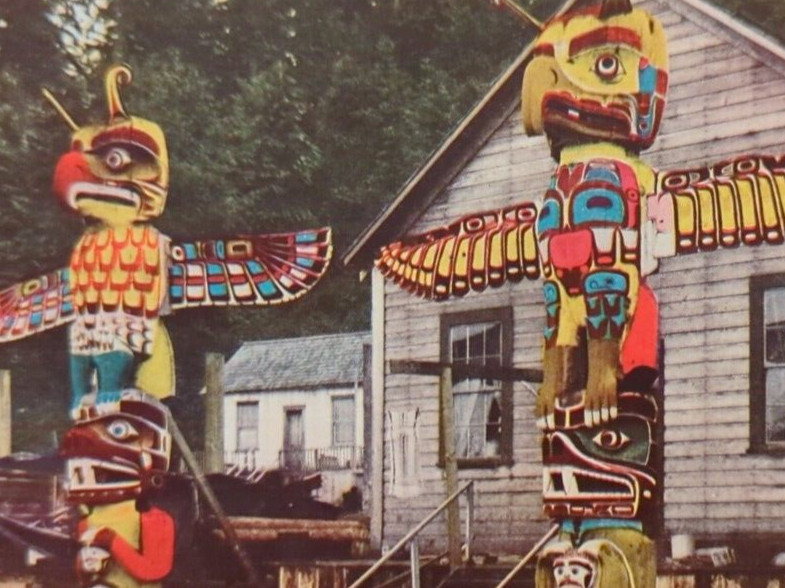 Totem Poles Alert Bay Vancouver Island BC Canada Hand Colored c1939 VTG Postcard