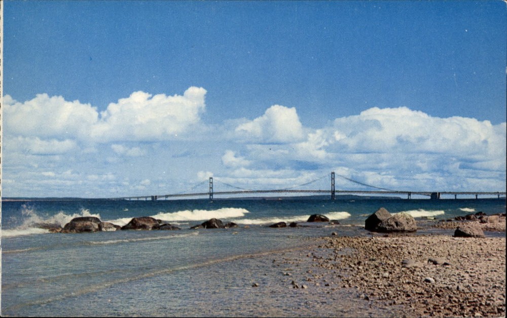 Michigan Mackinac Suspension Bridge peninsulas ~ 1950s-60s postcard sku309