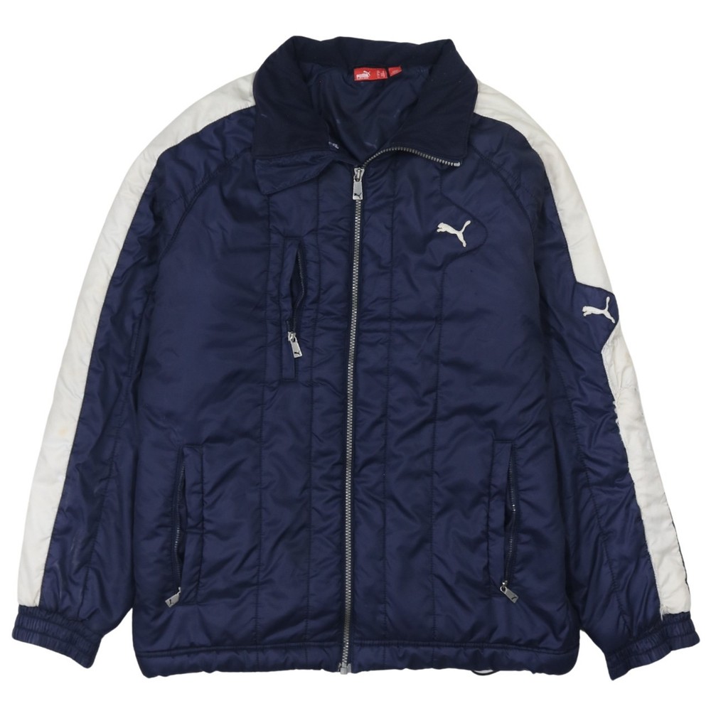 Puma Mens Puffer Jacket Navy Blue Nylon Quilted Insulated Full Zip Sports Logo S