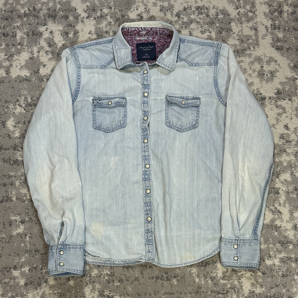 American Eagle Womens Large Blue Denim Button Up Long Sleeve Western Pearl Snap