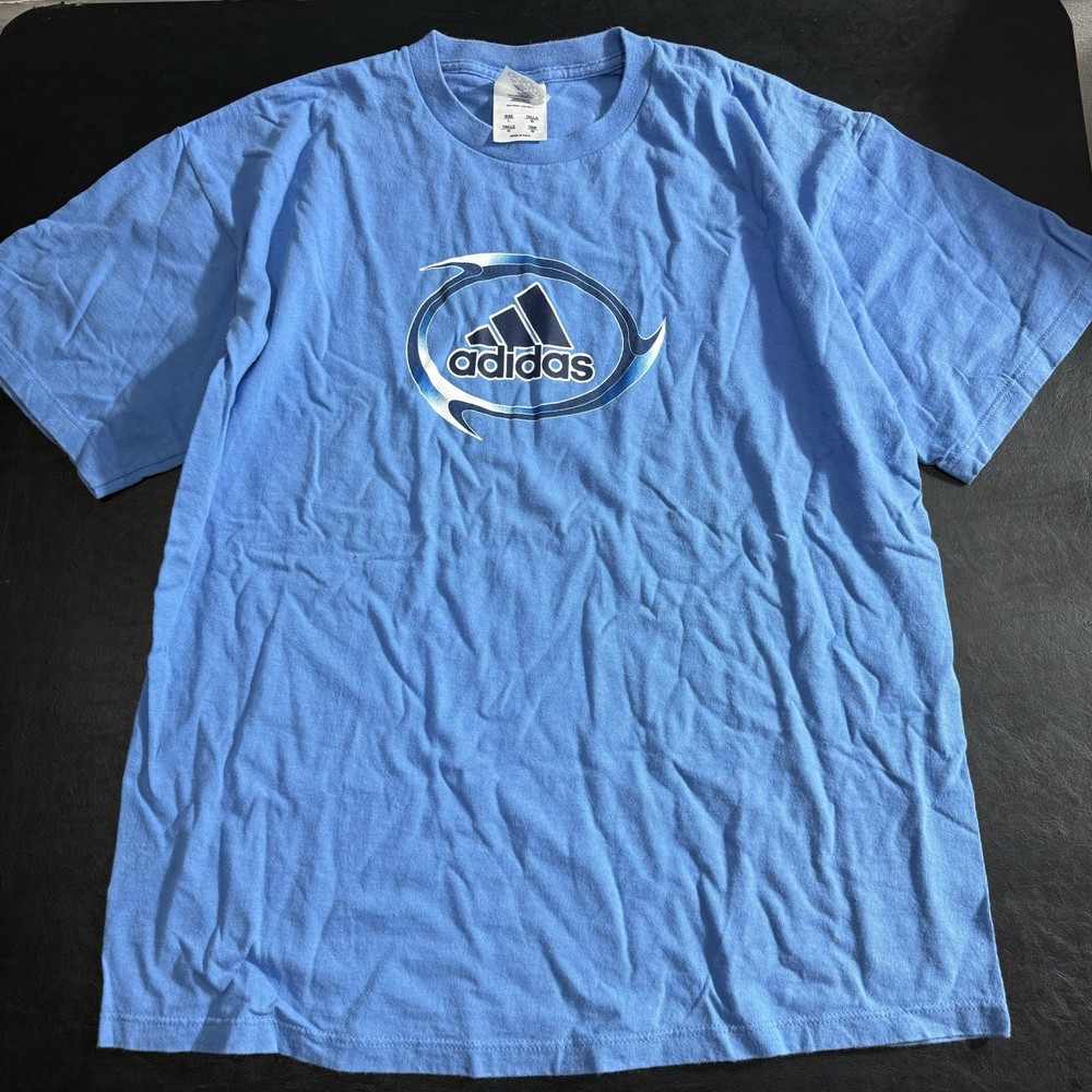Vintage 90s Y2K Adidas Barbed Chrome Spike Spell Out Logo Shirt Size Large