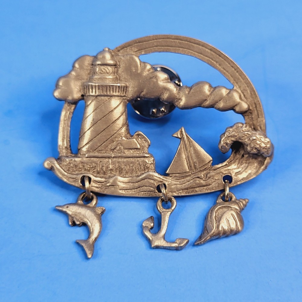 Pewter Lighthouse Pin Seascape Brooch with Charms Lindsay Claire Designs 1990s