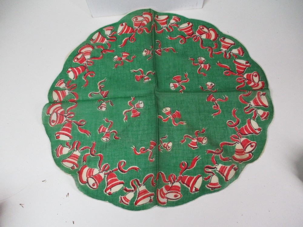 Vintage Cotton Christmas Hankie Handkerchief #1 - Bells on Green Round