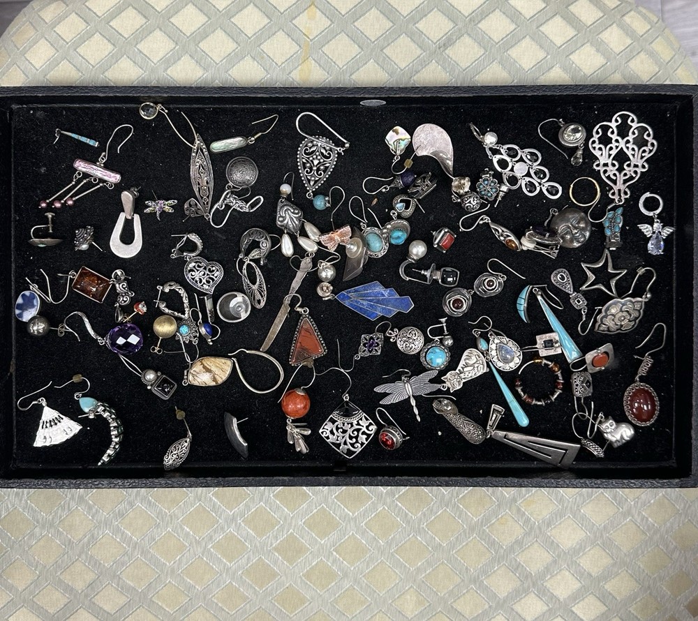 Lot of 90, Vintage 925 Sterling Silver Single Earrings, Gemstones, 255.5 g