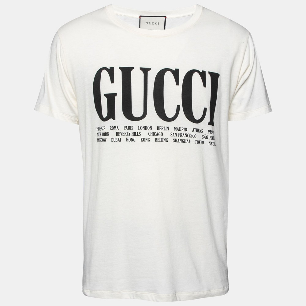 Gucci Cream Cotton Short Sleeve T-Shirt with Logo and Cities Print