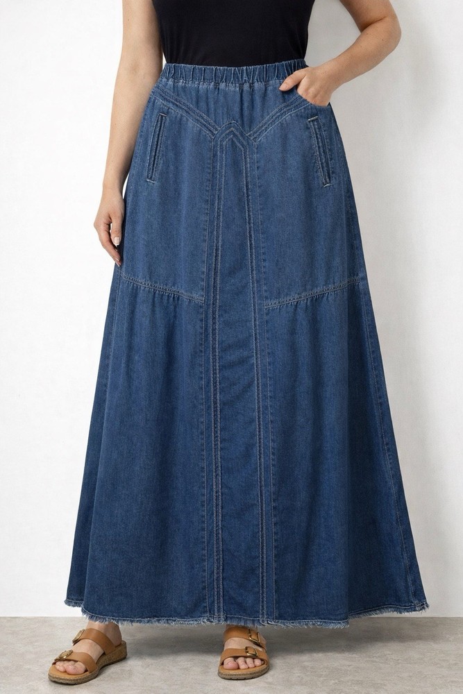 Ebossy Denim Maxi Skirt Medium Hippie Long Elastic Pockets Bohemian Festival