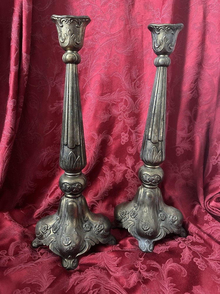Pair of Vintage Ornate Cast Metal Candlesticks, 18” Tall, Rococo  Design, 7329