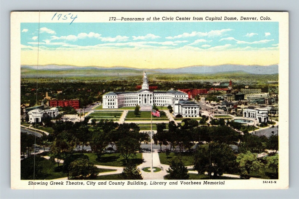 Denver CO-Colorado, Aerial Panorama Civic Center Greek Theater Vintage Postcard
