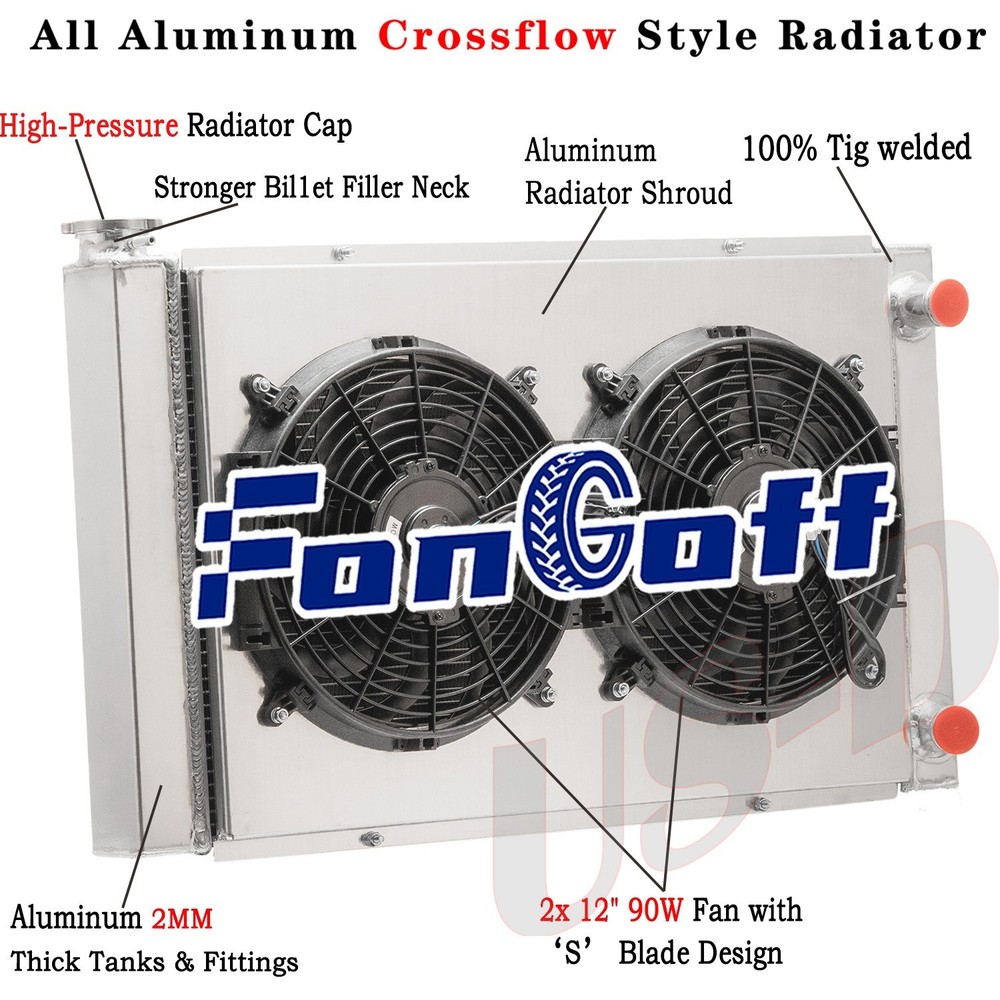 2 Row Aluminum Radiator Shroud Fan For Chevy SBC 350 Double Pass 31'' x 19'' MT