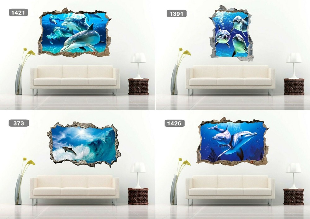 Dolphins Family Mom Baby Curious Dolphin 3D Wall Sticker Vinyl Decal Art Mural