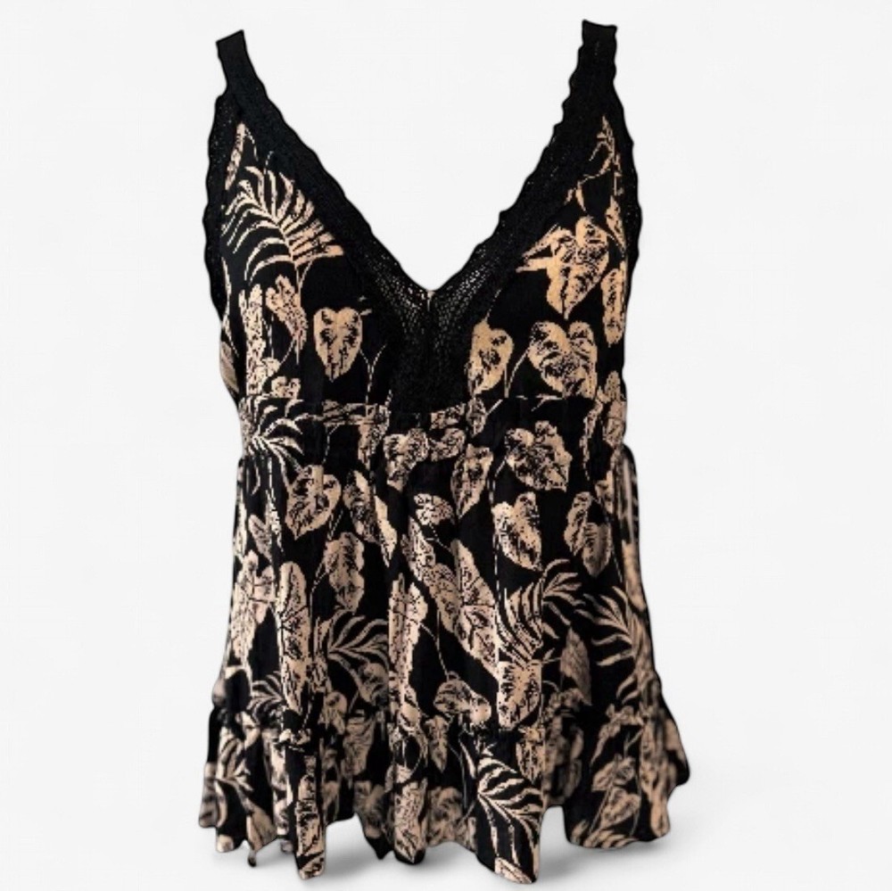 Angie Flowy Babydoll Tank Top Womens Size Small Black Cream Print NEW