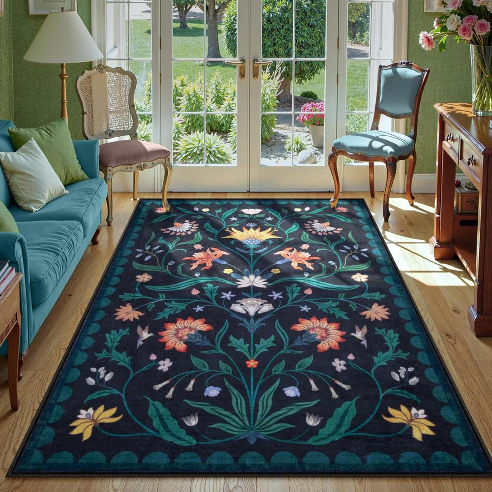 Boho Floral Washable Blue 5X7 Area Rugs for Living Room, Non Slip Rugs for Bedro