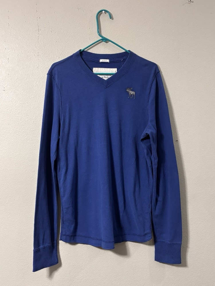 Abercrombie & Fitch V-Neck Muscle Sweater Men's Size XL Navy Blue Moose Logo