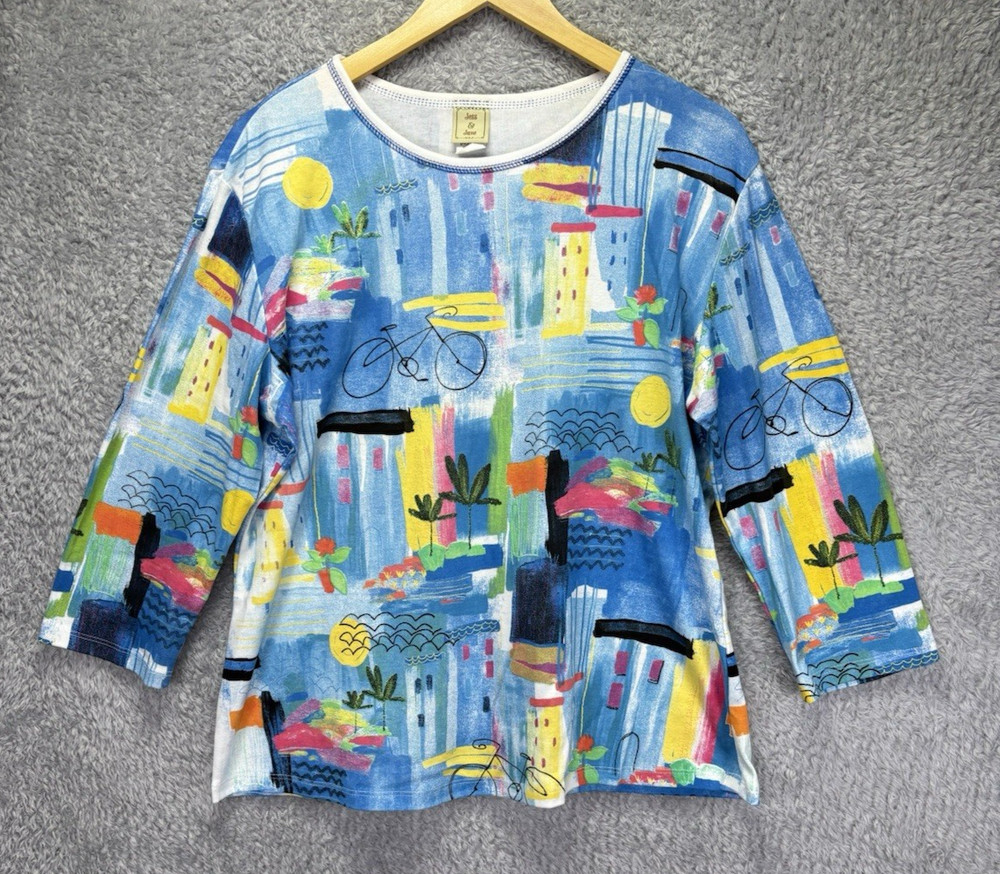 Jess & Jane Top Womens XL Artsy Bicycle Print 3/4 Sleeve Colorful Tropical