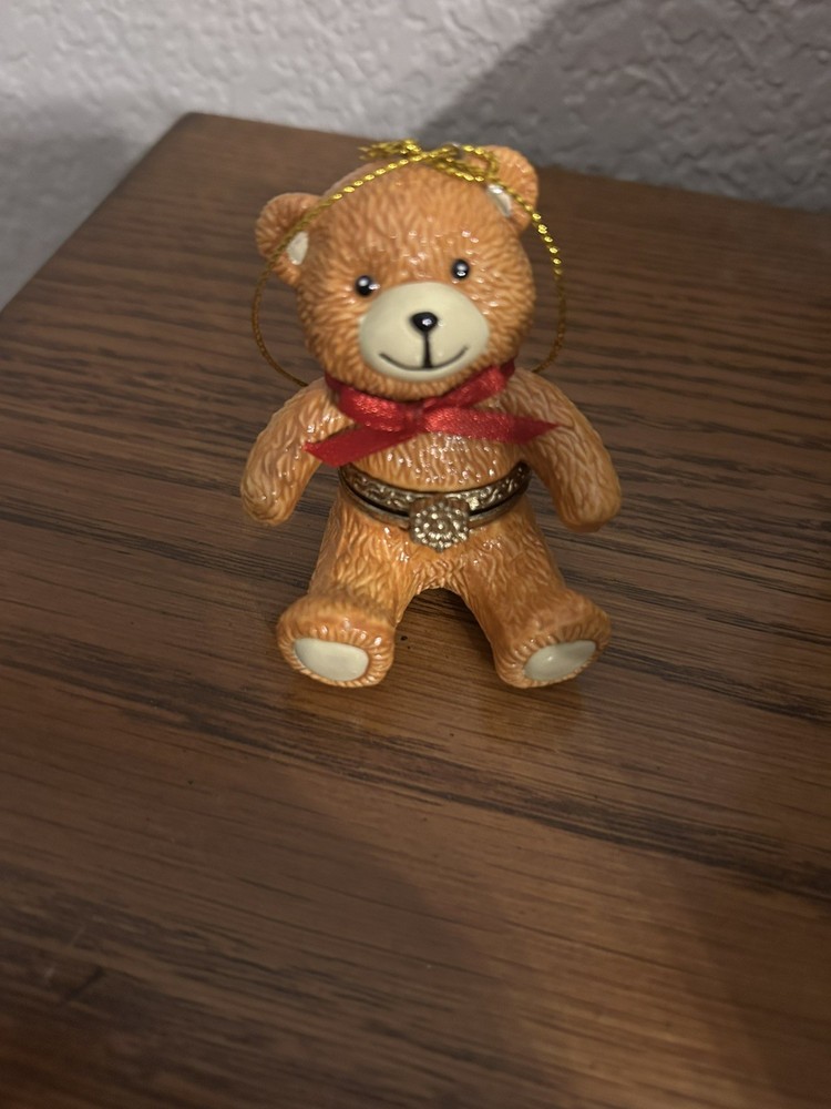 Teddy Bear  Porcelain Surprise Gift Hinged Trinket Box Christmas Ornament