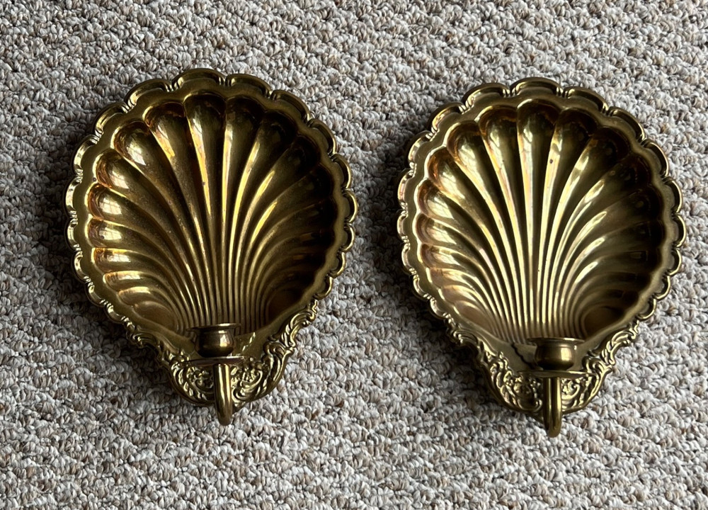 Vintage Gatco Brass Scallop Clam Shell Wall Candle Sconce Pair 1970s