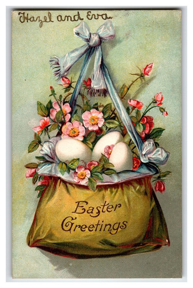 1912 Embossed Easter Greetings Postcard Eggs Flowers Basket Posted