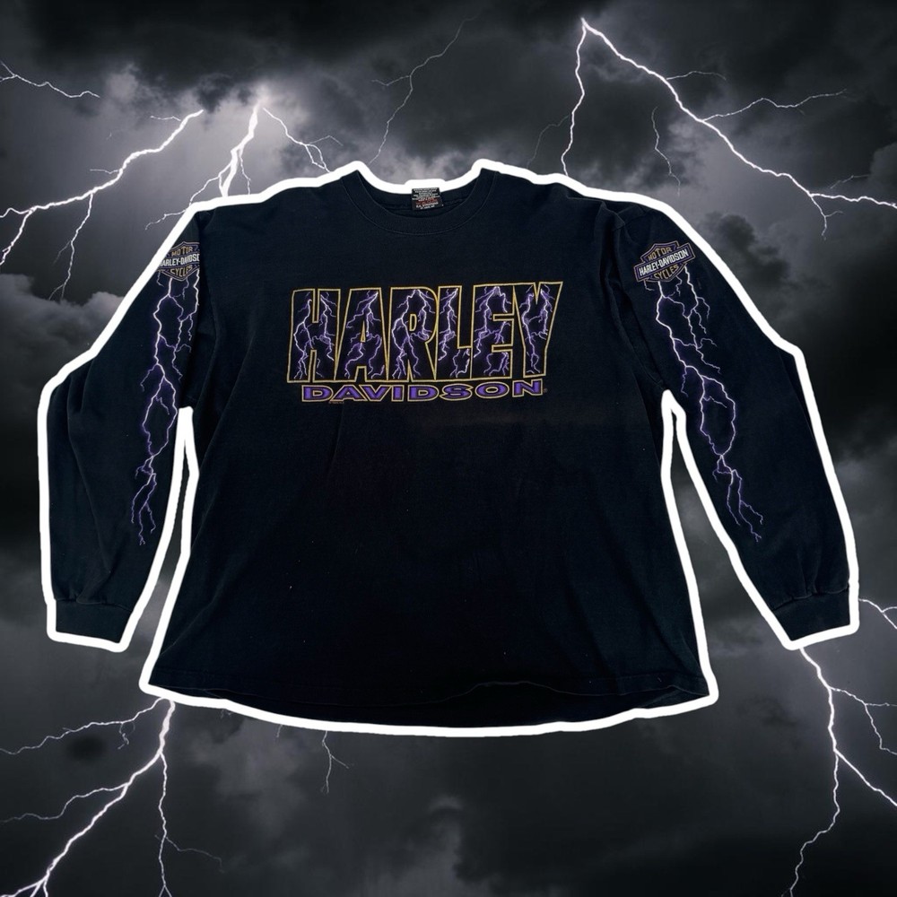 Vintage 1995 Harley Davidson Purple Lightning Long Sleeve T Shirt 2XL Black USA