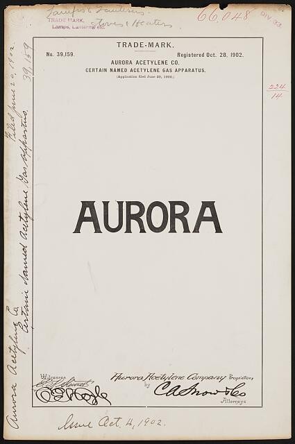 [ Aurora Acetylene Co. for Aurora brand Certain Named Acetylene Gas Apparatus]