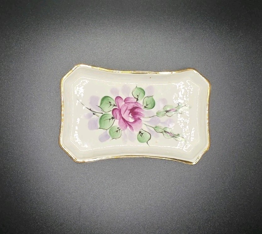 Vintage Handpainted Weisley China Floral Rose Trinket Ring Dish Backstamp