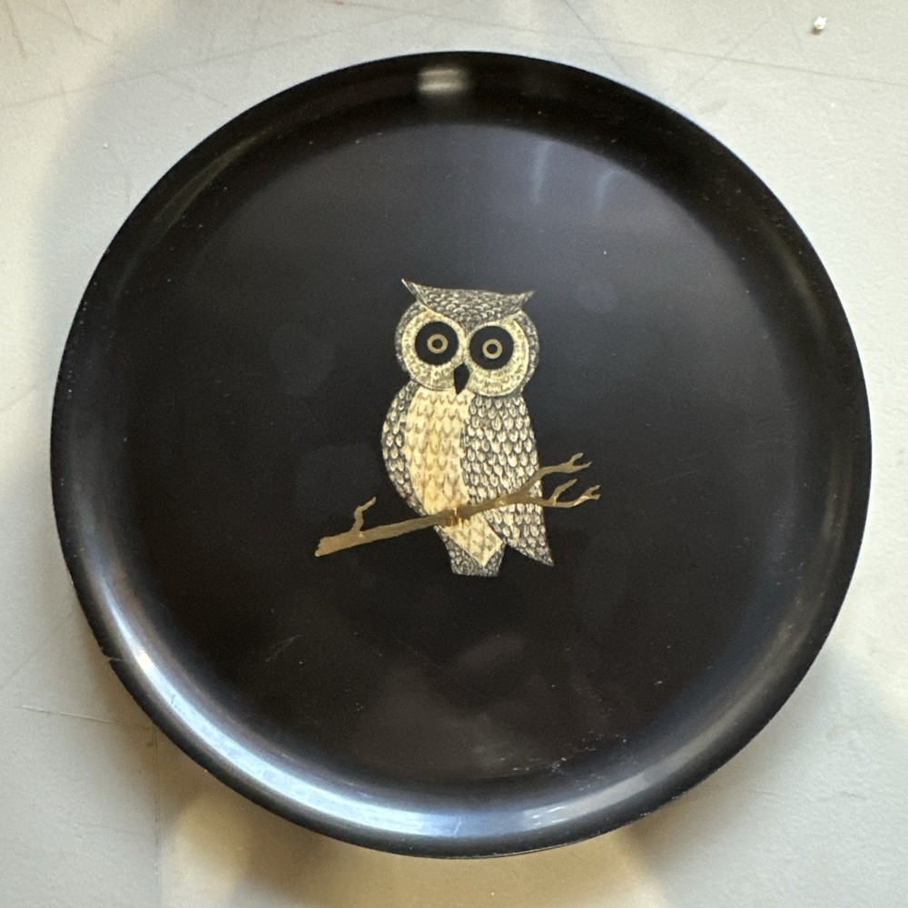 Vintage Couroc of Monterey Owl Round Tray 10.5” Hand Inlaid Ca, USA 1960’s MCM