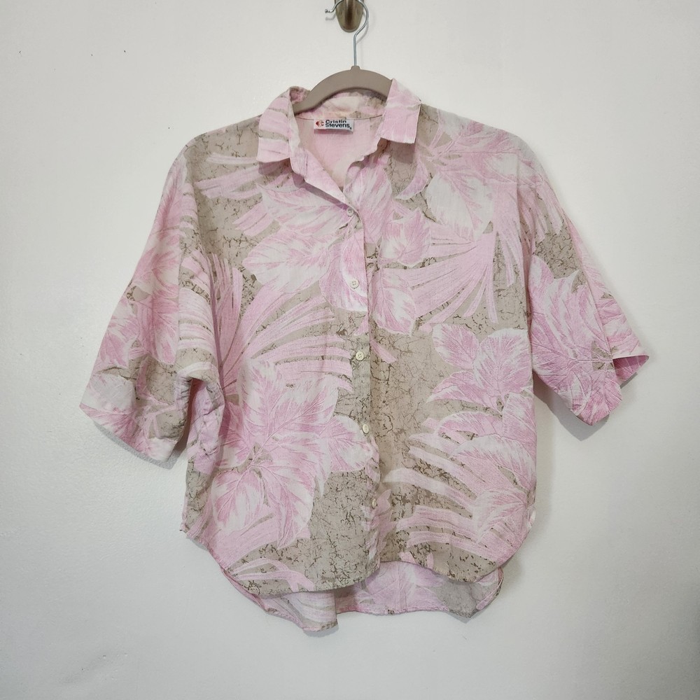 Vintage Cristin Stevens Tropical Shirt Small Pink Tan Cotton Dolman Sleeve 80s