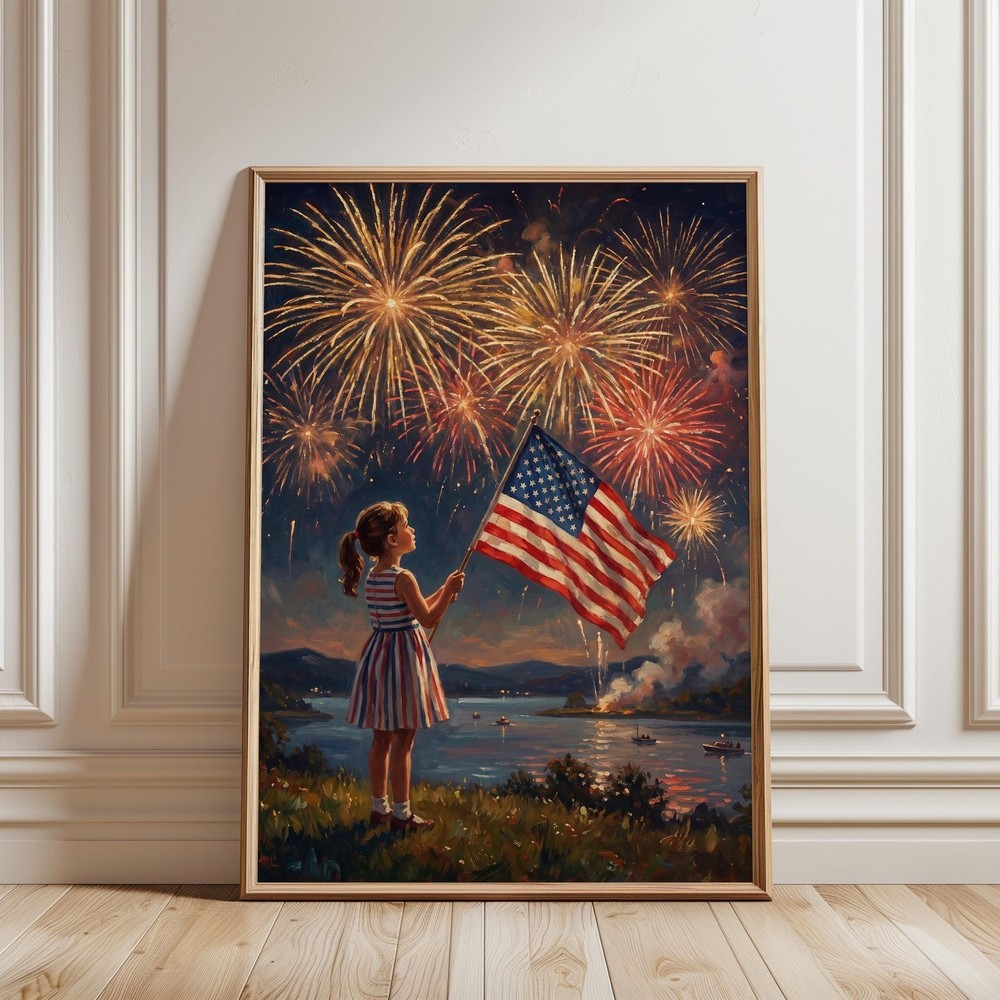 4th of July Wall Art, Vintage Americana Oil Painting, Patriotic Print, Fireworks