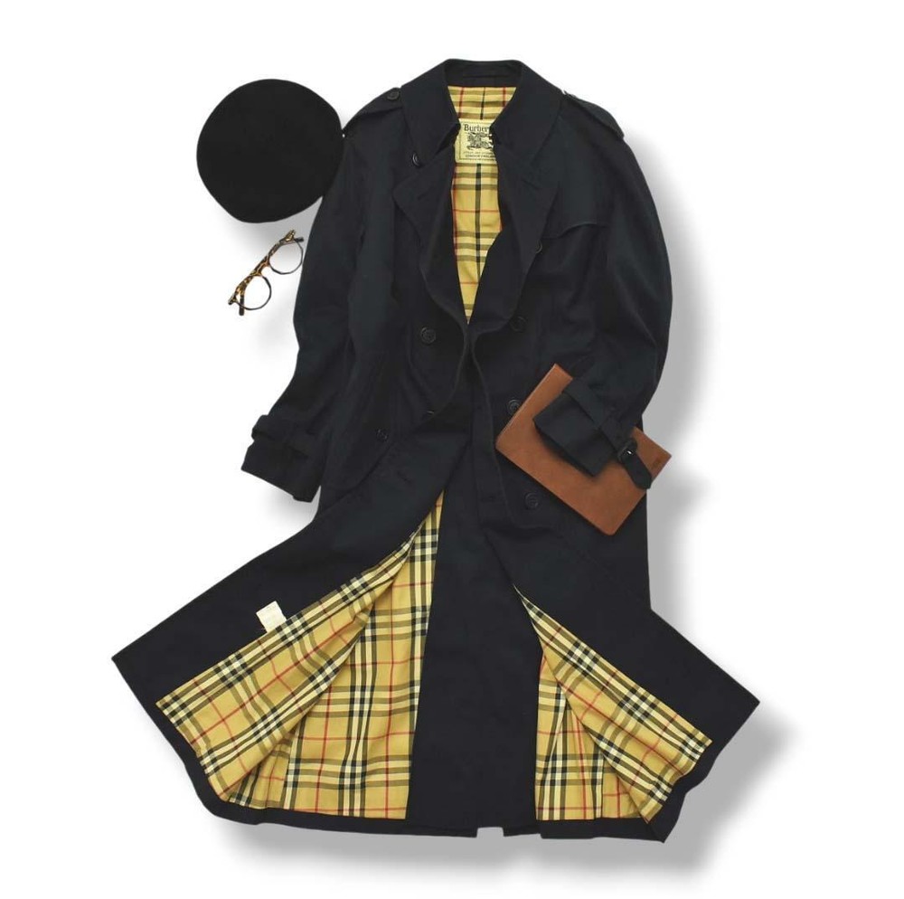 60S70S Burberry Ura Nova Check Trench Coat L Navy Ladies