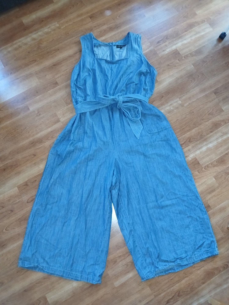 Lane Bryant Women's Size 20 Denim Jumpsuit 100% Cotton Tie Waist Wide Leg Zipper