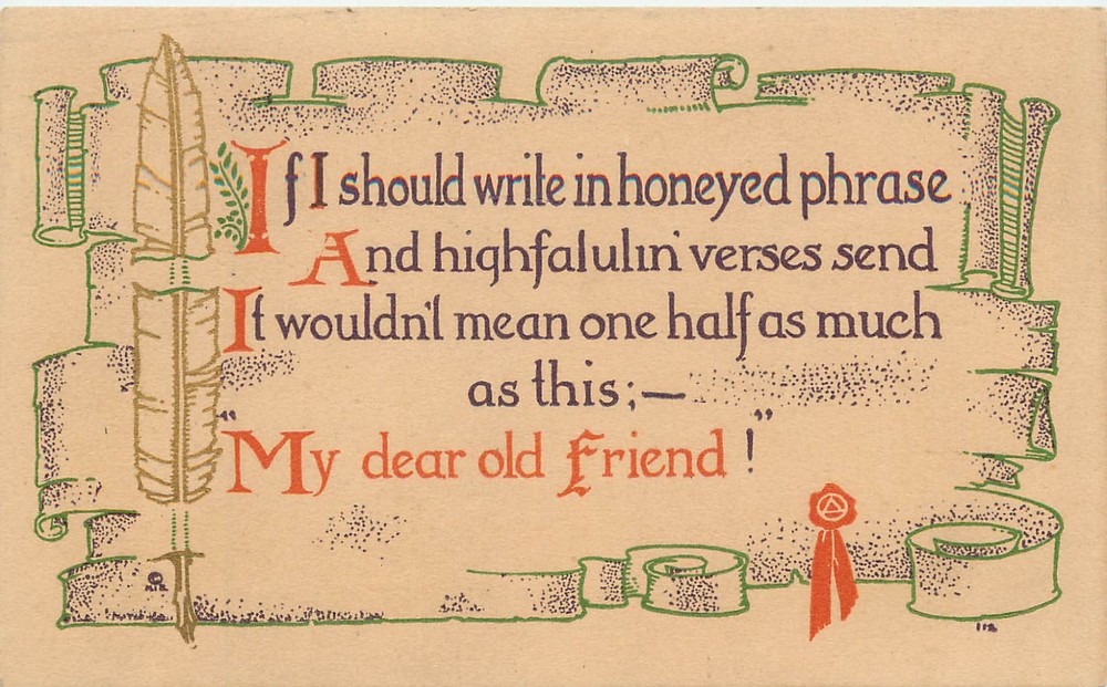 Arts & Crafts Postcard Dear Old Friend Greetings Everett Studios Scroll Vignette