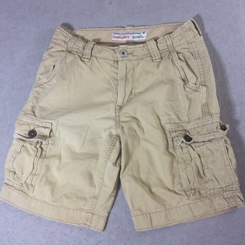 American Eagle Cargo Shorts Men's Sz 30 Beige 10 in Inseam Pockets Logo Casual