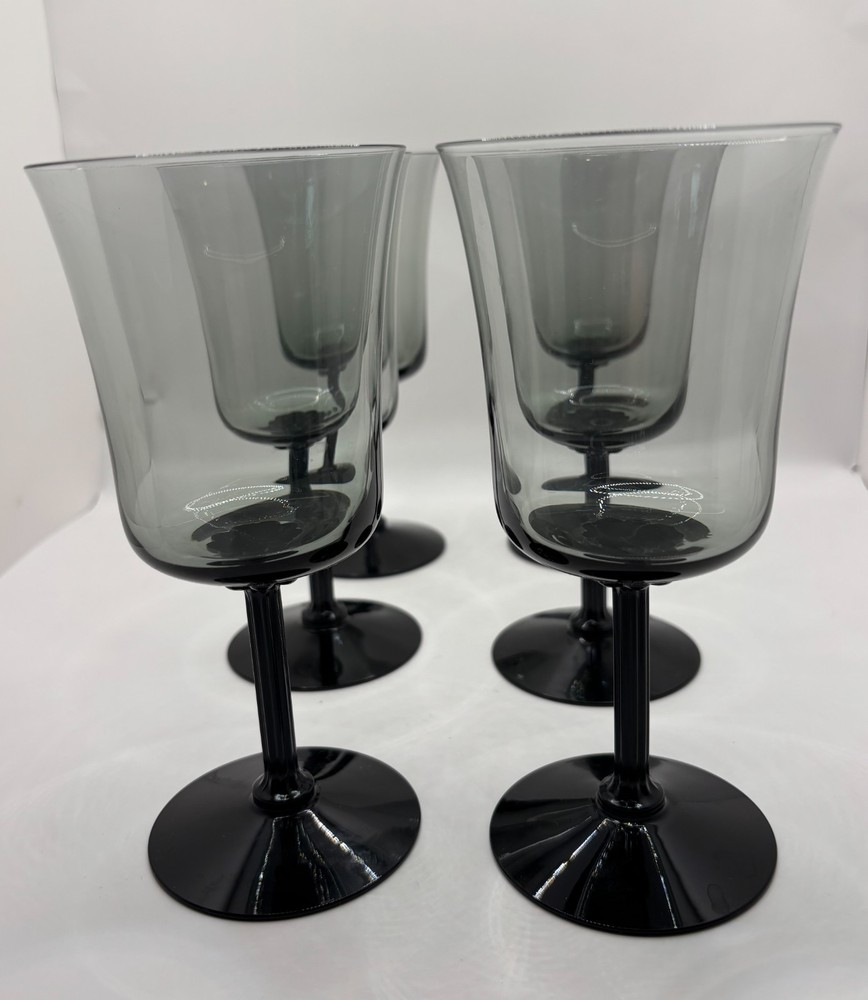 Fostoria Princess Gray Crystal Water Goblets Set of 6 Black Stem Vintage Glasses