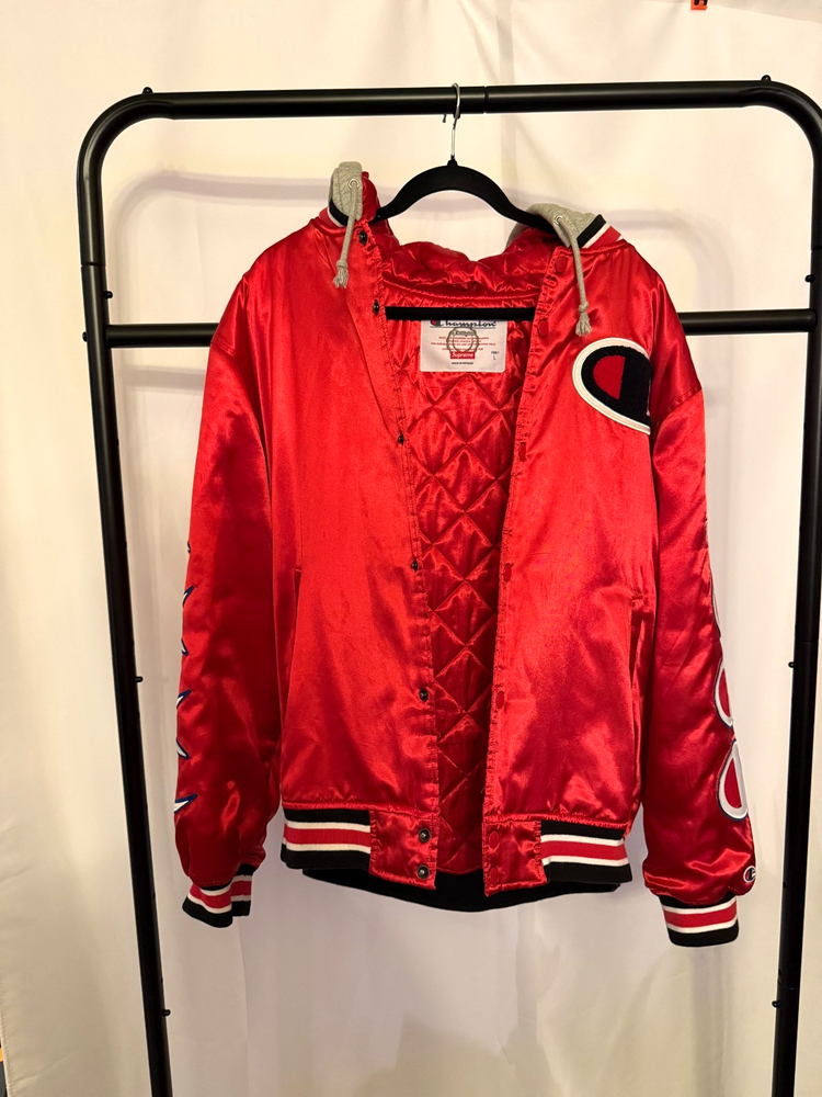 Supreme x Champion Red Satin Varsity Jacket Adult Size Large FW18