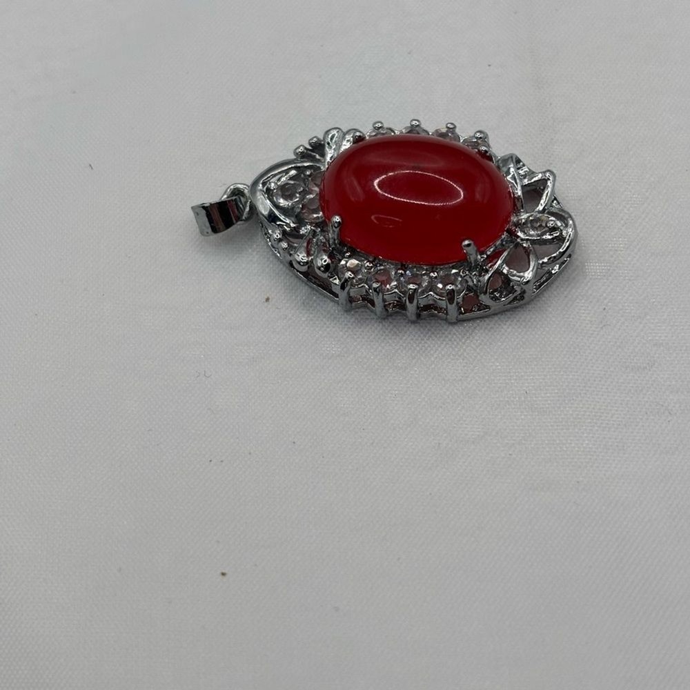 Vintage Silver Tone Filigree Pendant With Oval Red Cabochon Stone