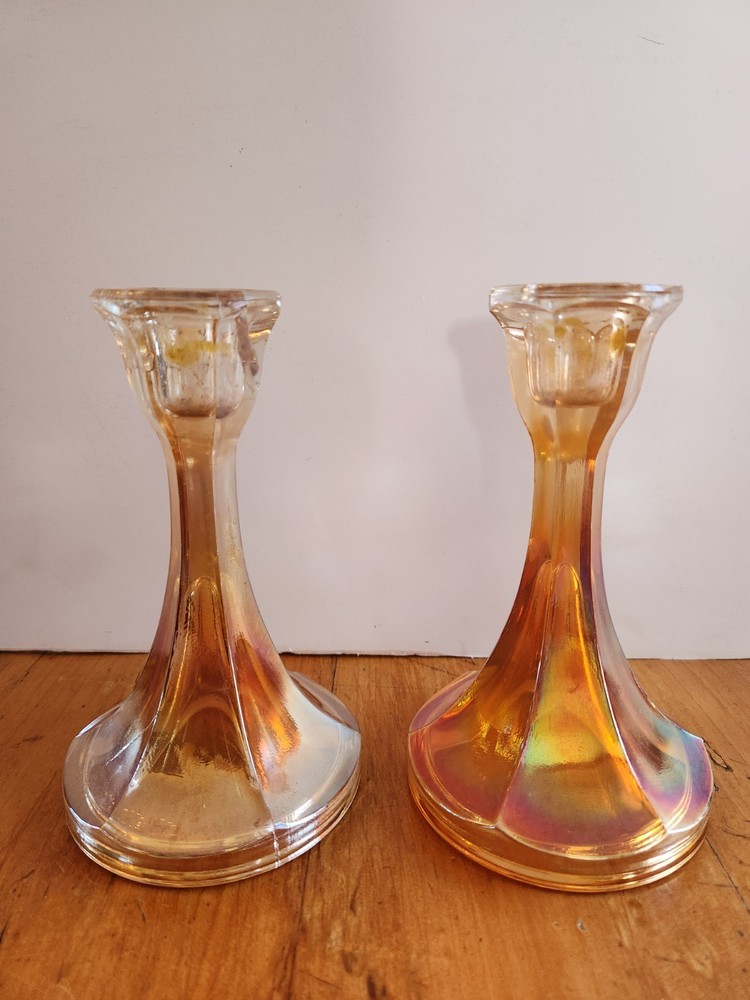 SALE $10.00-VTG Marigold Hexagonal Carnival Glass Candle Holders Crackle Orange