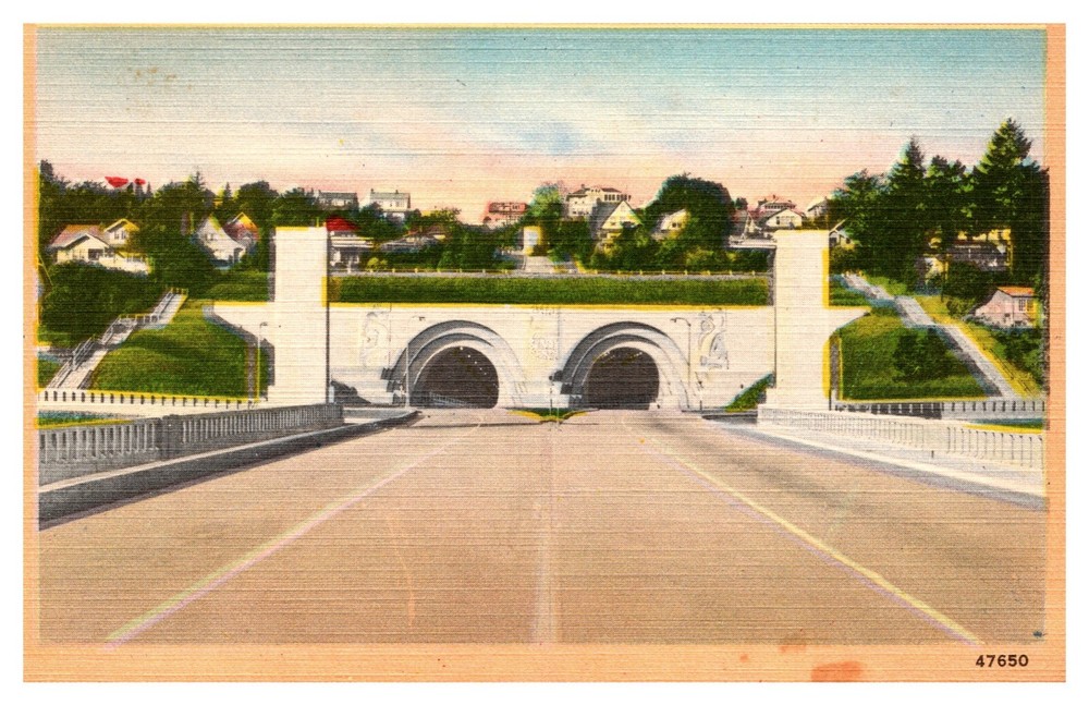Seattle WA Tunnel Entrance from Lake Washington Floating Bridge Linen Postcard