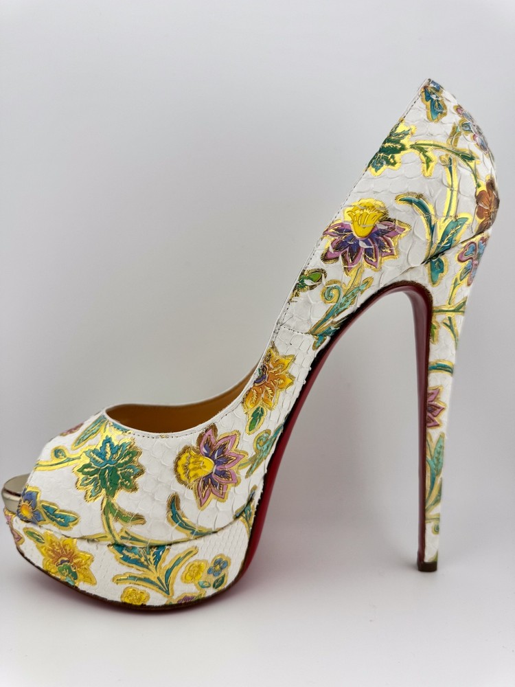 READ Louboutin Lady peep 150 python Tapisserie floral snake pumps heels US 10.5