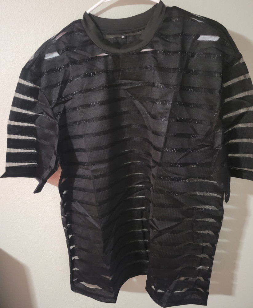 Black Sheer Mesh Striped T-Shirt, Crew Neck, Short Sleeve, Men L
