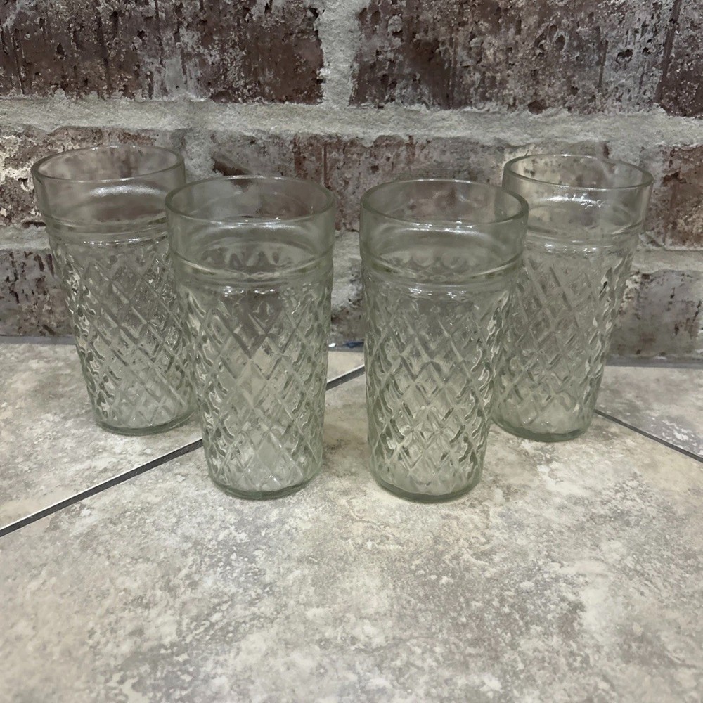 Set Of 4 VTG Anchor Hocking Quilted Diamond Iced Tea Glass Tumblers Coolers 6”