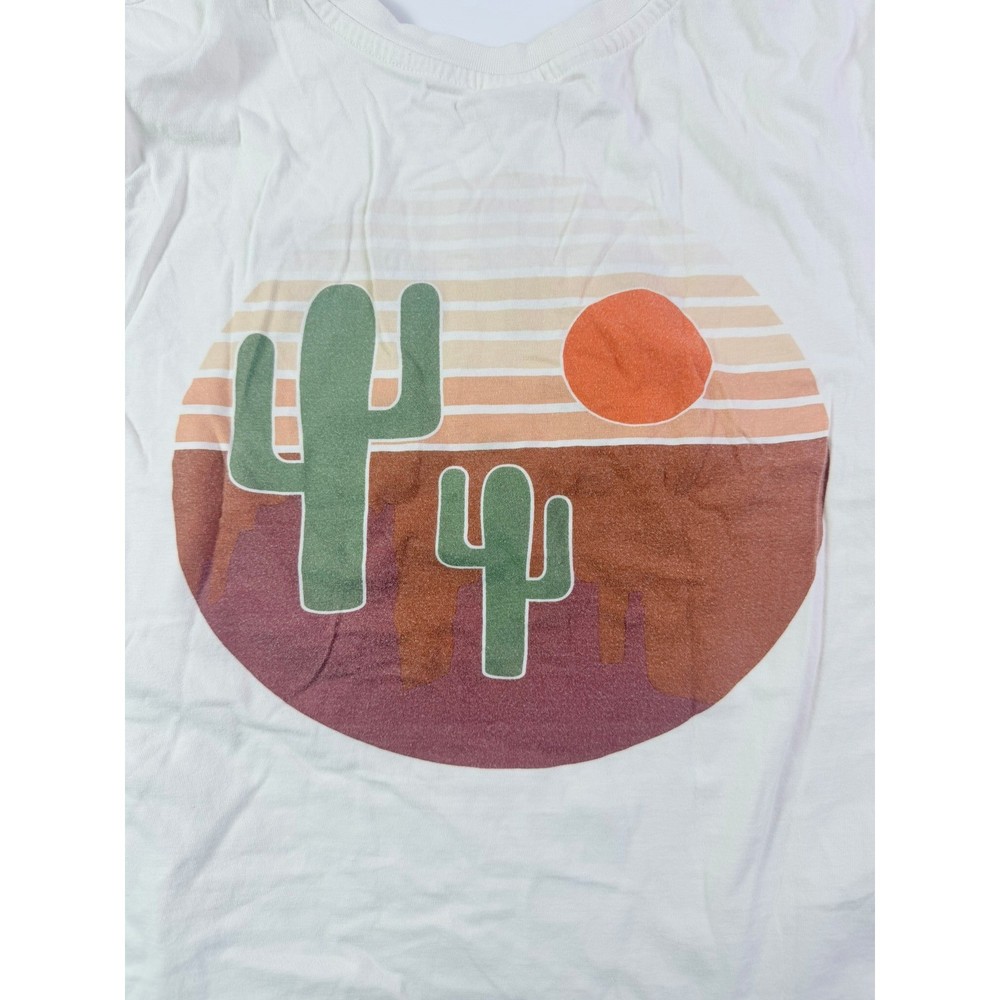 Cropped White Cactus Embroidered Graphic T-Shirt Short Sleeve Desert Sunset S