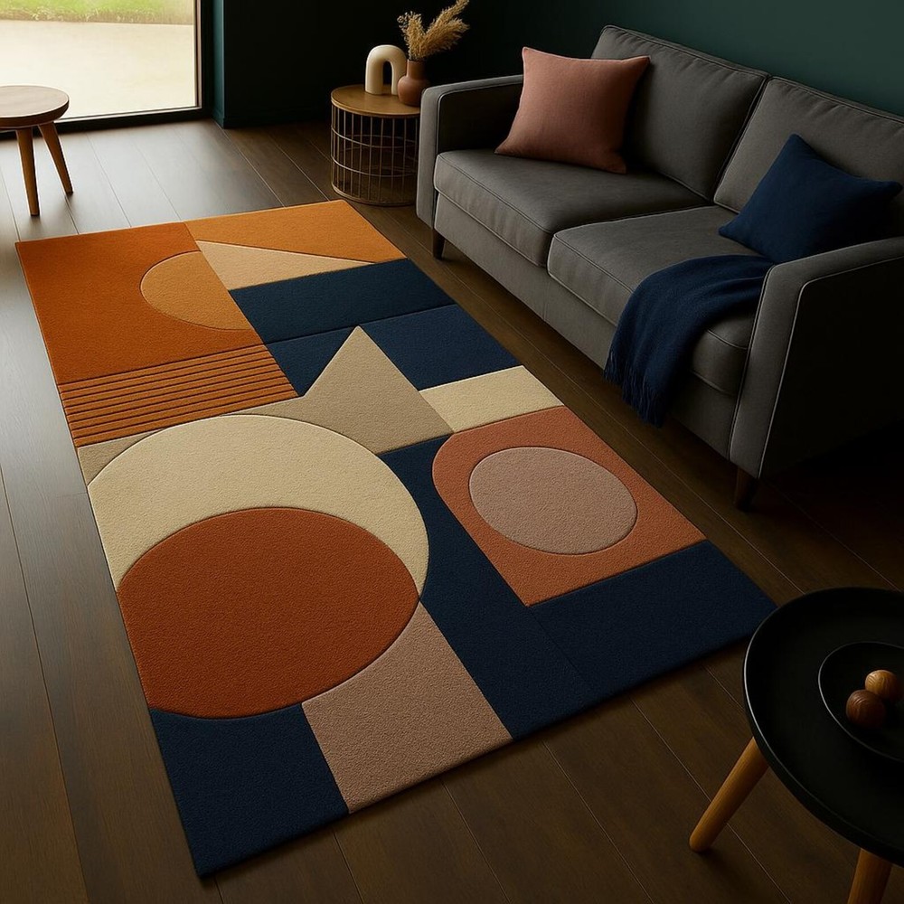 Handmade Hand-Tufted Geometric Area Rug  Modern Abstract Wool  Blue Orange Beige