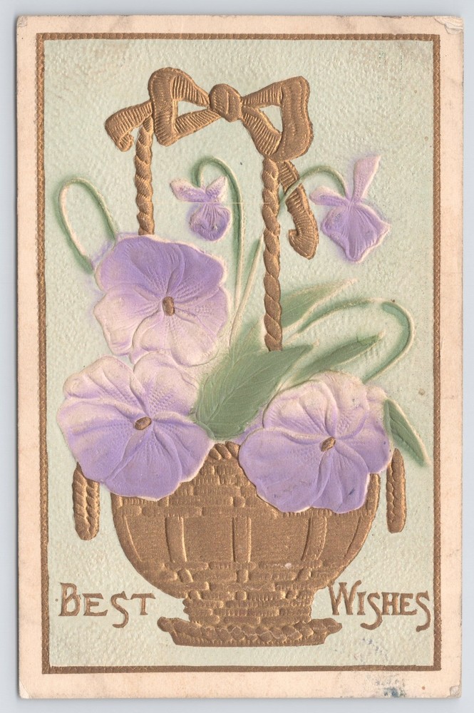 Greetings~Purple Flowers & Basket Best Wishes~Vintage Postcard