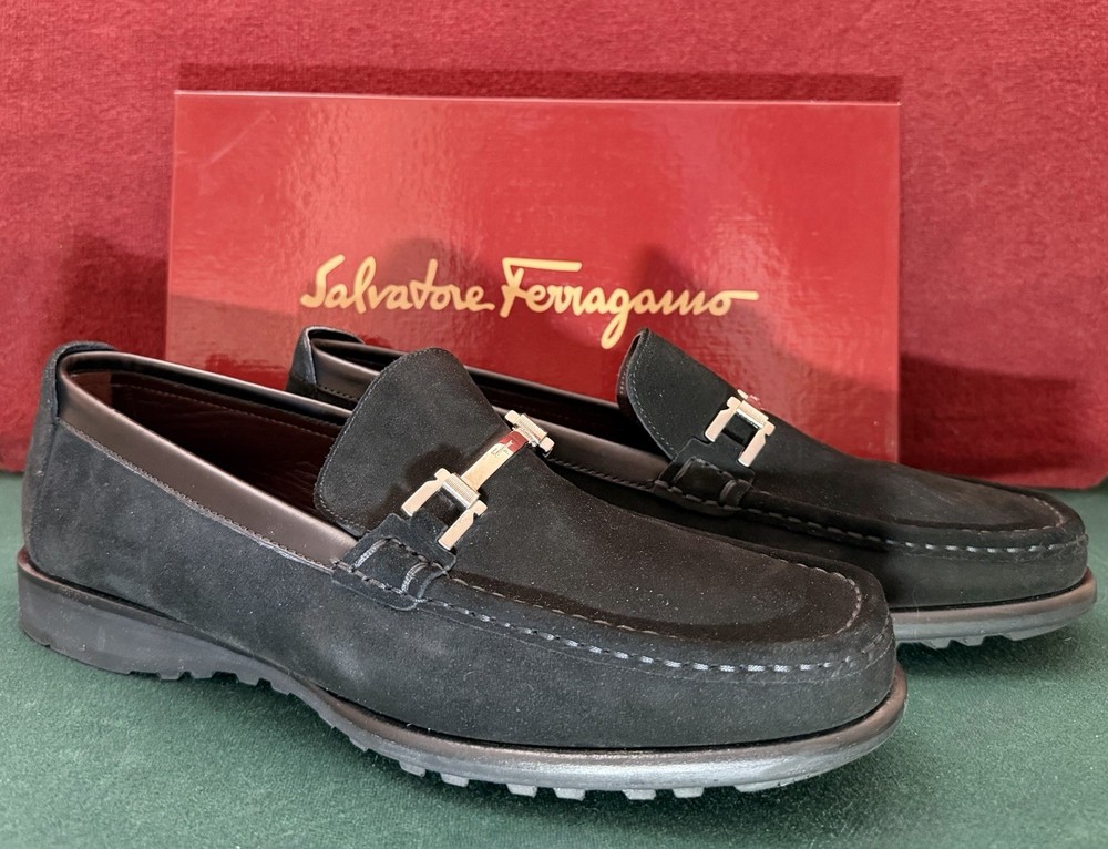 Salvatore Ferragamo Pasquale Black Suede Slip-On Loafers Buckle US 9.5 D